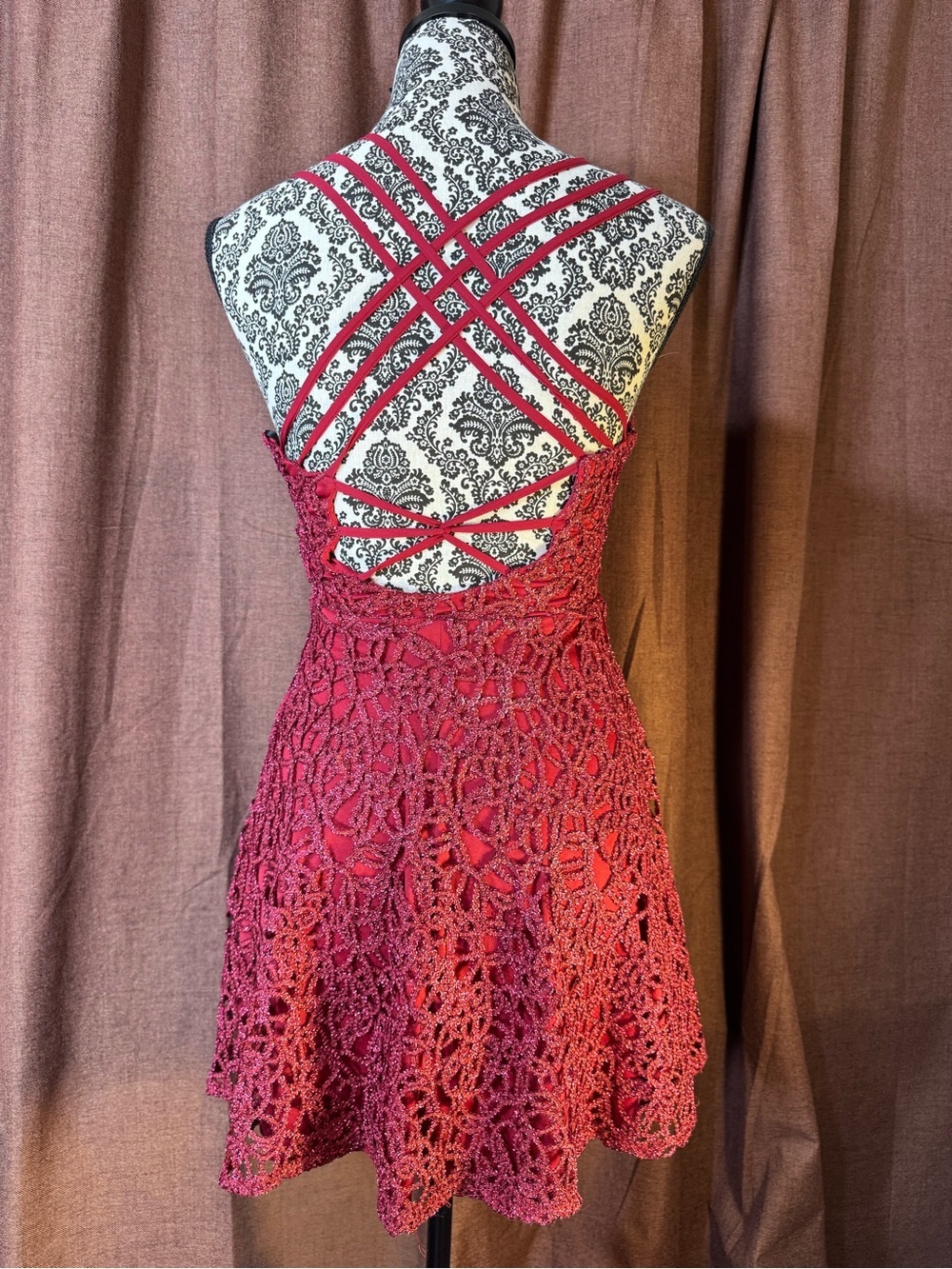 B. Darlin Glitter Lace Deep Red Fancy Strappy Formal Mini Dress size 2 - Picture 5 of 8